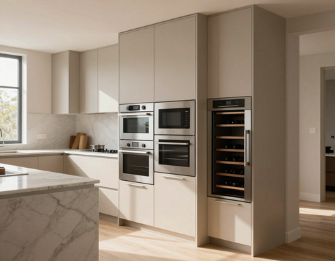 Cucina moderna con mobili beige, isola in marmo, forni a incasso e cantinetta per vini vicino al corridoio.