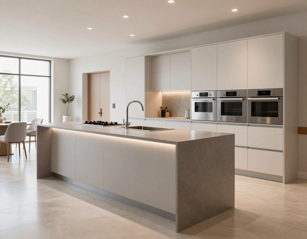 Cucina moderna e minimalista con un'ampia isola, elettrodomestici a incasso e delicate tonalità neutre.