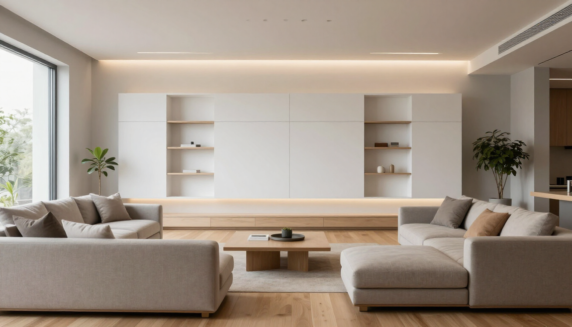 Luminoso soggiorno minimalista con divani beige, pavimento in legno e una mensola a muro bianca integrata.