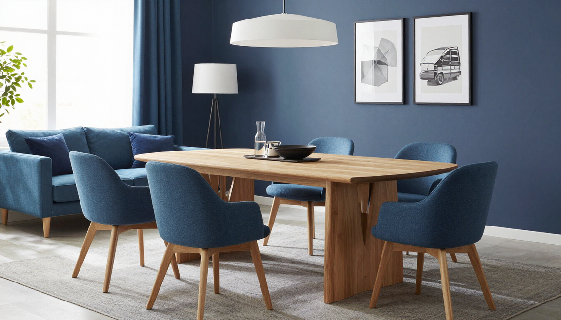 Sala da pranzo blu con tavolo in legno, sedie blu, lampada a sospensione e quadri appesi alle pareti.