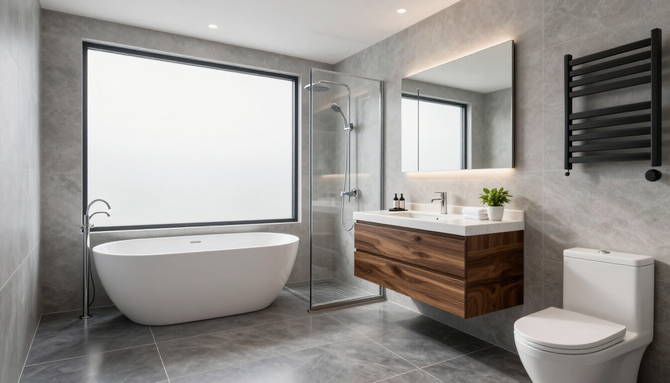 Bagno moderno di colore grigio con vasca freestanding, mobile lavabo in legno, ampia finestra, specchio, doccia e scaldasalviette.
