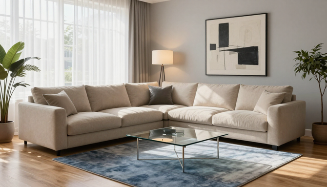 Soggiorno moderno con divano componibile beige, tavolino da caffè in vetro, tappeto blu, lampada da terra e quadro astratto alla parete.