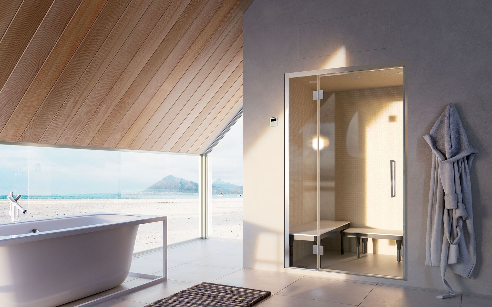 Bagno moderno con doccia in vetro, vasca freestanding e vista sull'oceano attraverso ampie finestre.
