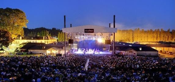 A large crowd of people are gathered in front of a stage at a concert.