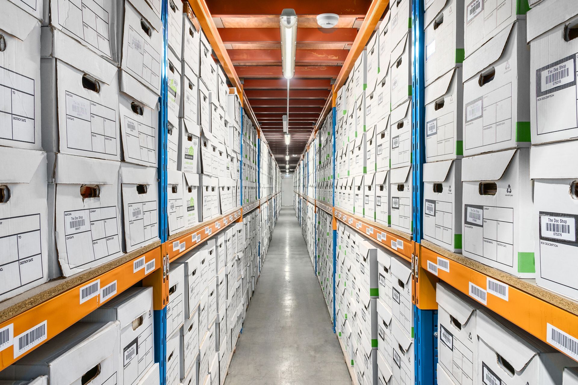Secure document storage facility with archived business records organised for fast retrieval and records management.