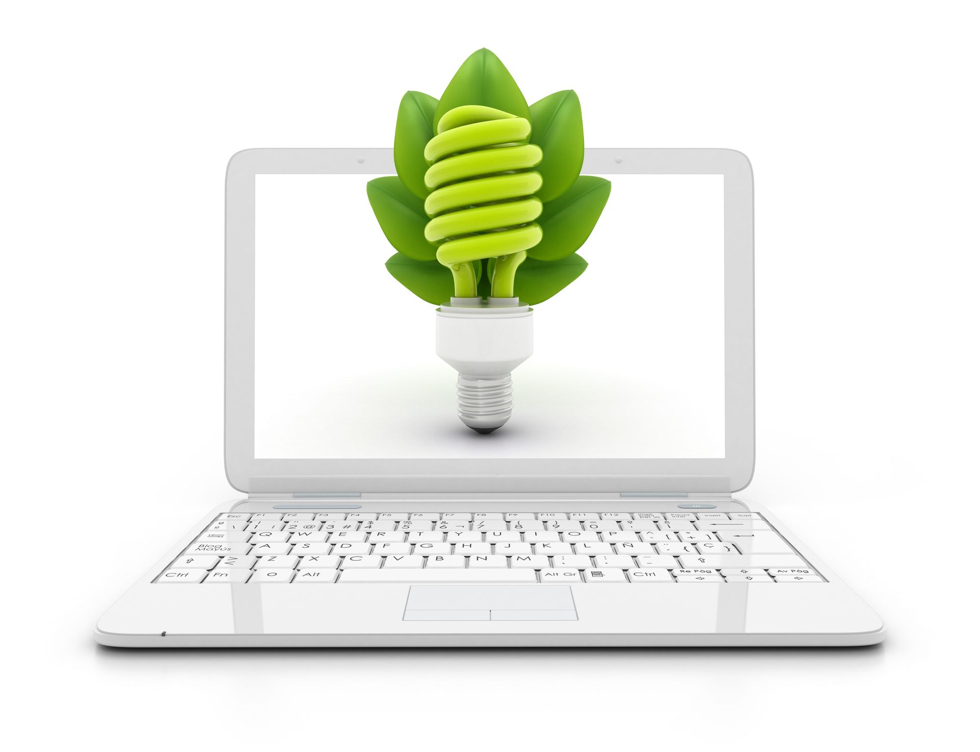 A laptop with a green light bulb and leaves on the screen