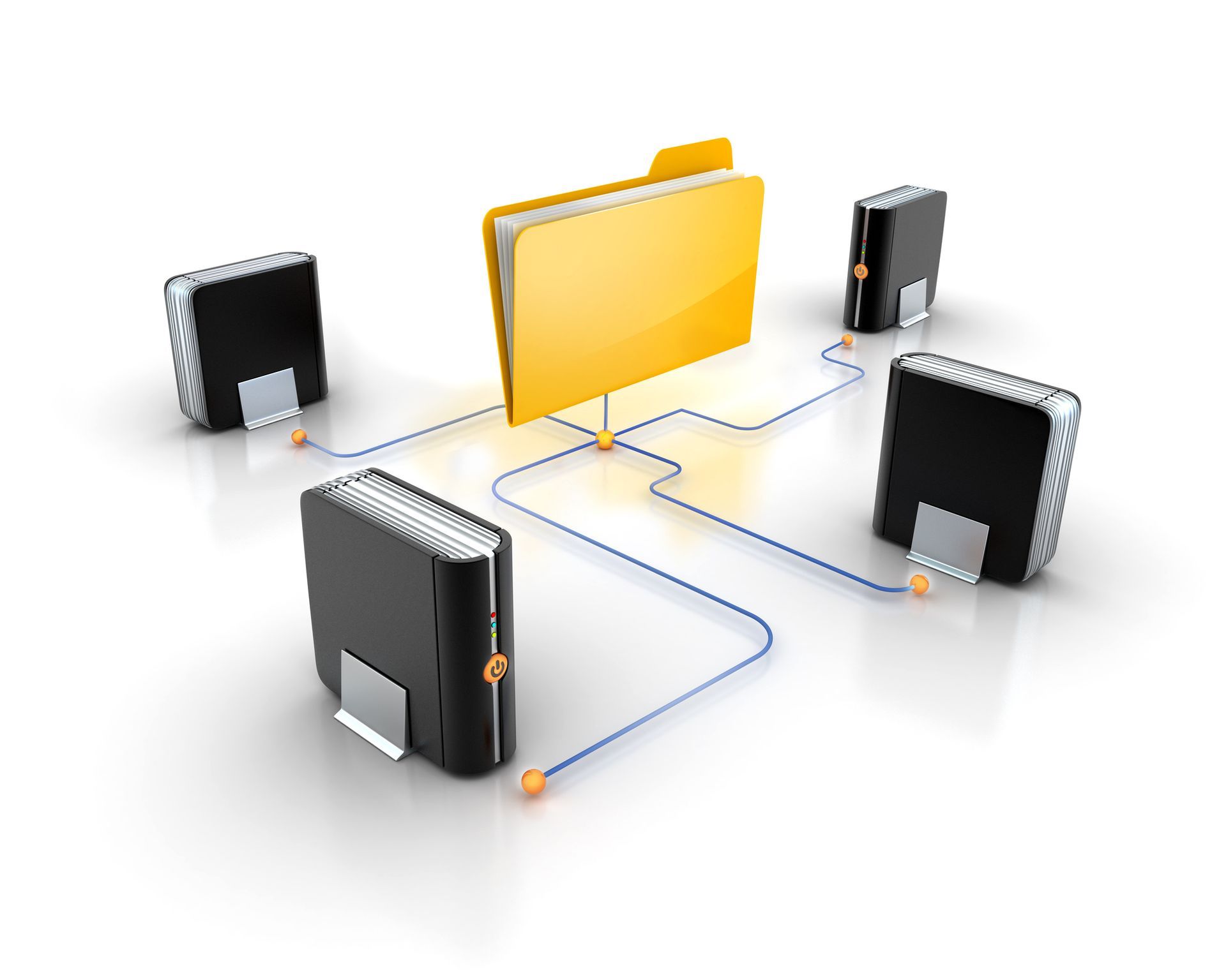 A yellow folder is connected to a bunch of servers