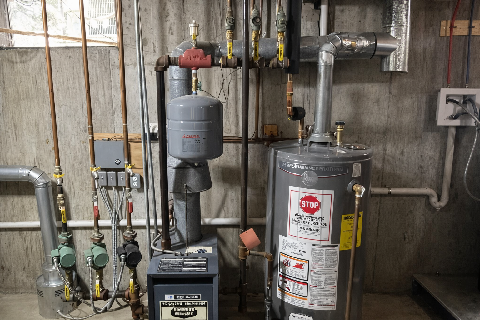 Water heater and plumbing pipes in a utility room with a concrete wall.