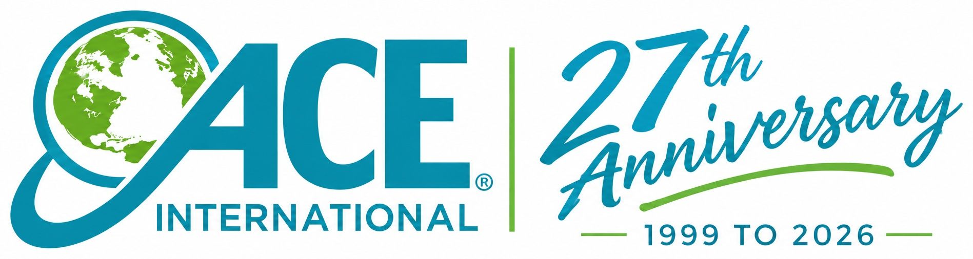 A logo for ace international with a globe in the middle