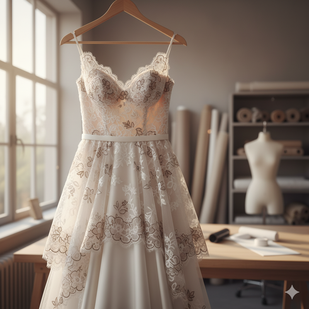 Vestido de novia en una percha en un estudio de diseño, iluminado por una ventana.