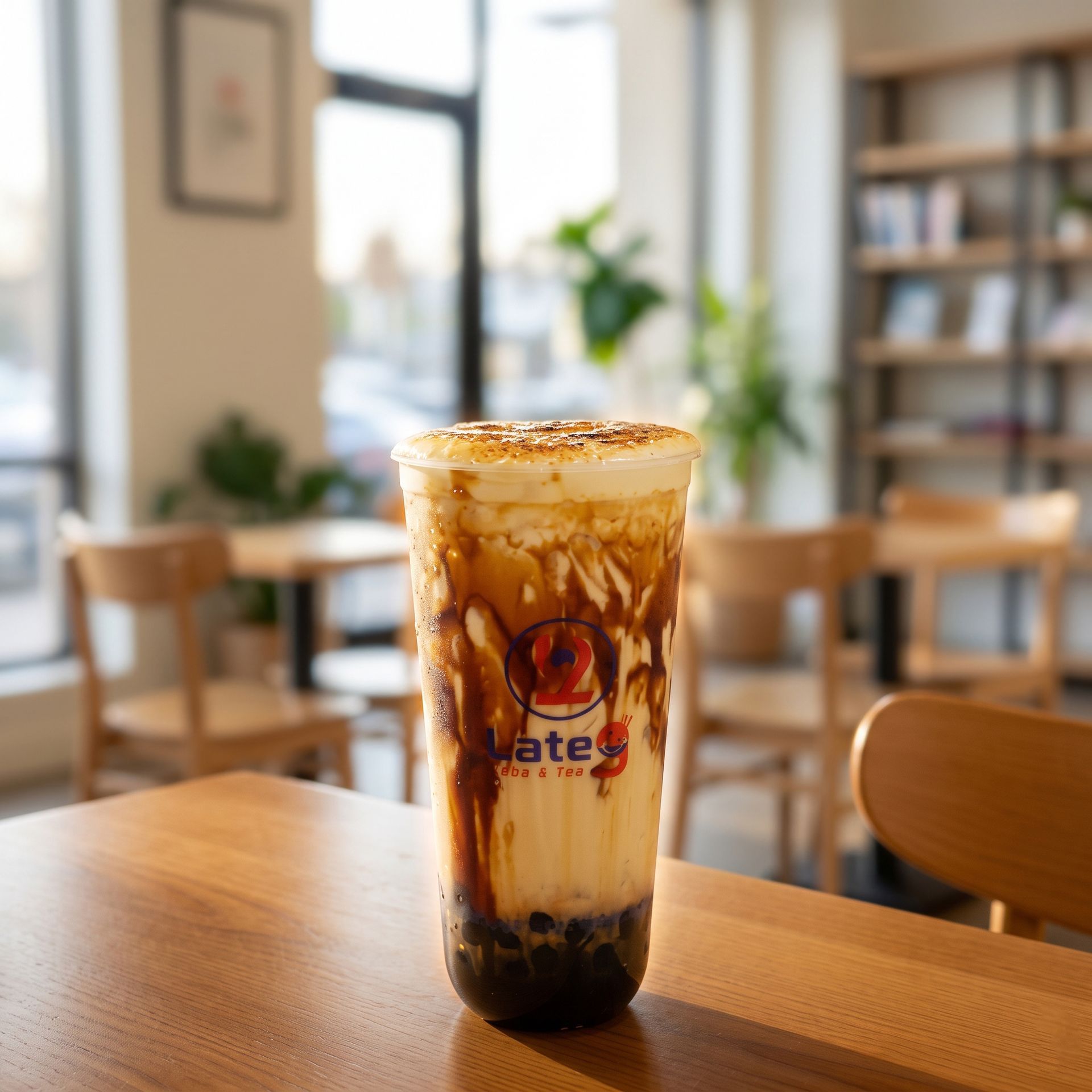 Iced coffee with caramel drizzle in a clear cup on a wooden table, in a bright cafe interior