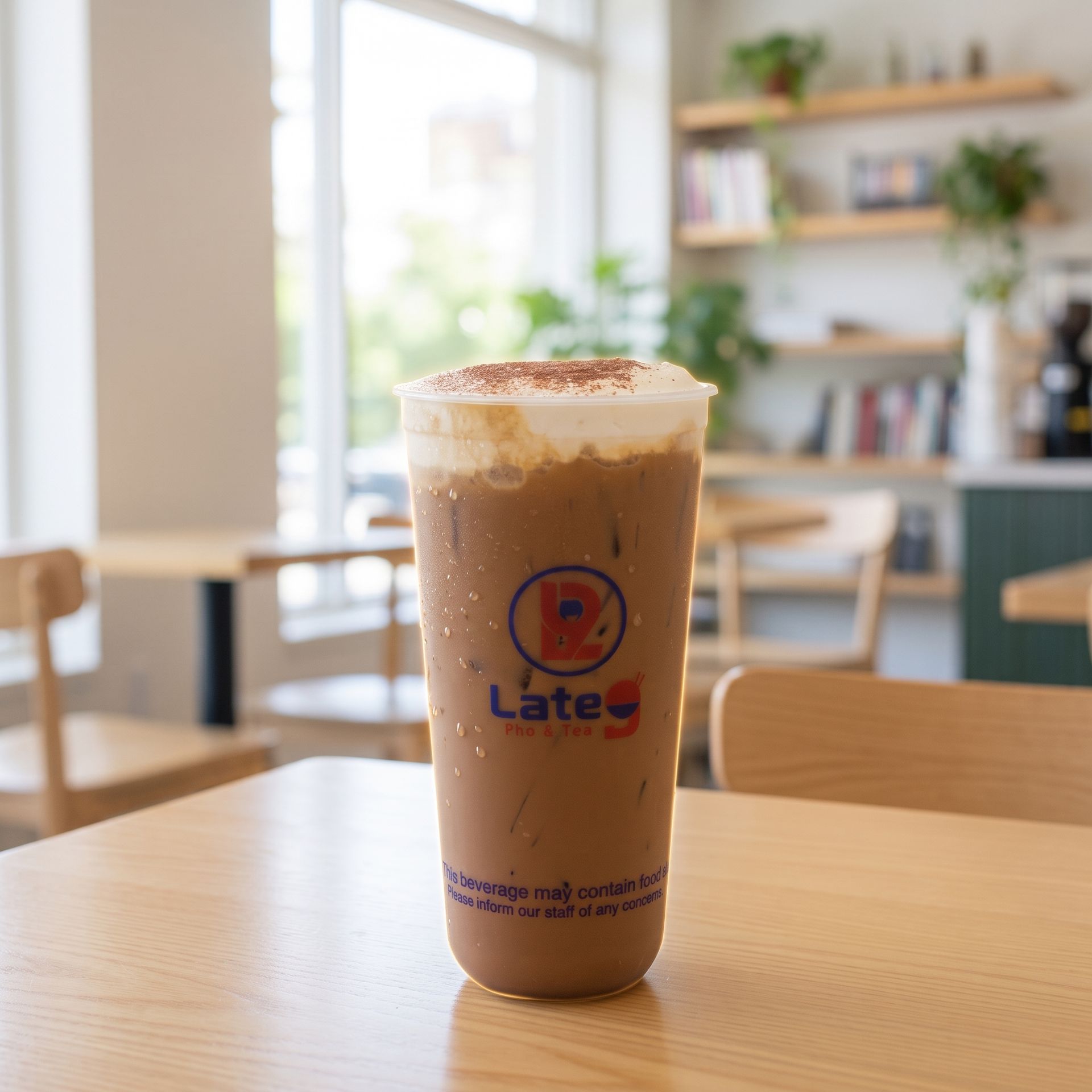 Iced latte in a clear cup on a wooden table in a bright café
