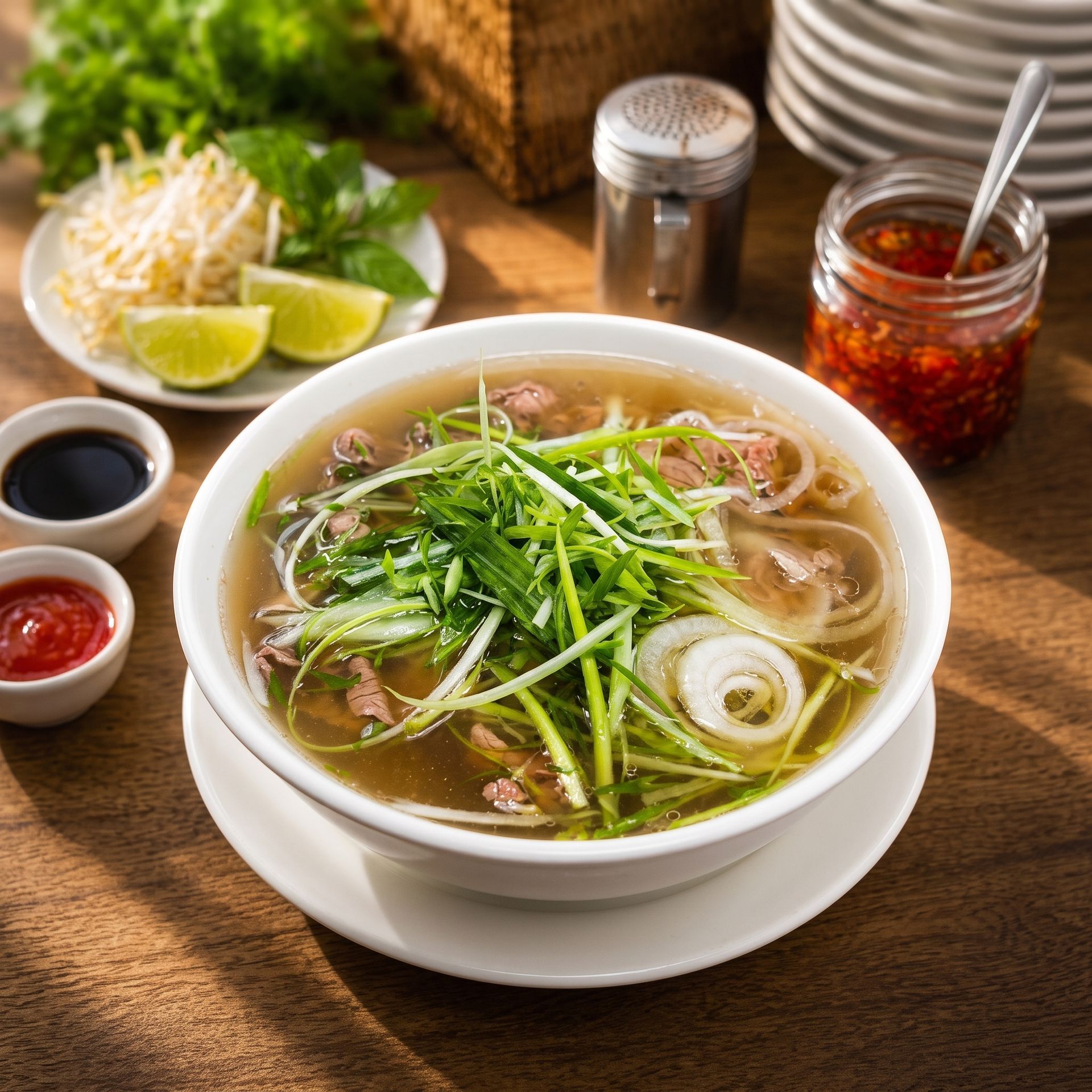Bowl of pho with herbs, bean sprouts, lime, and condiments on a wooden table