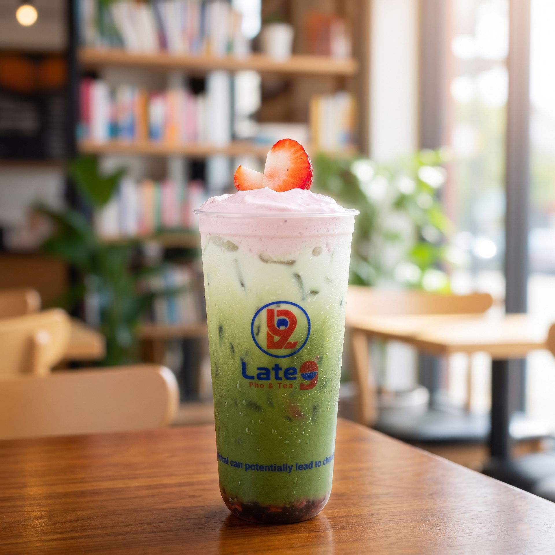 Strawberry-topped iced drink in a clear cup on a wooden table, with a cozy café blurred in the background