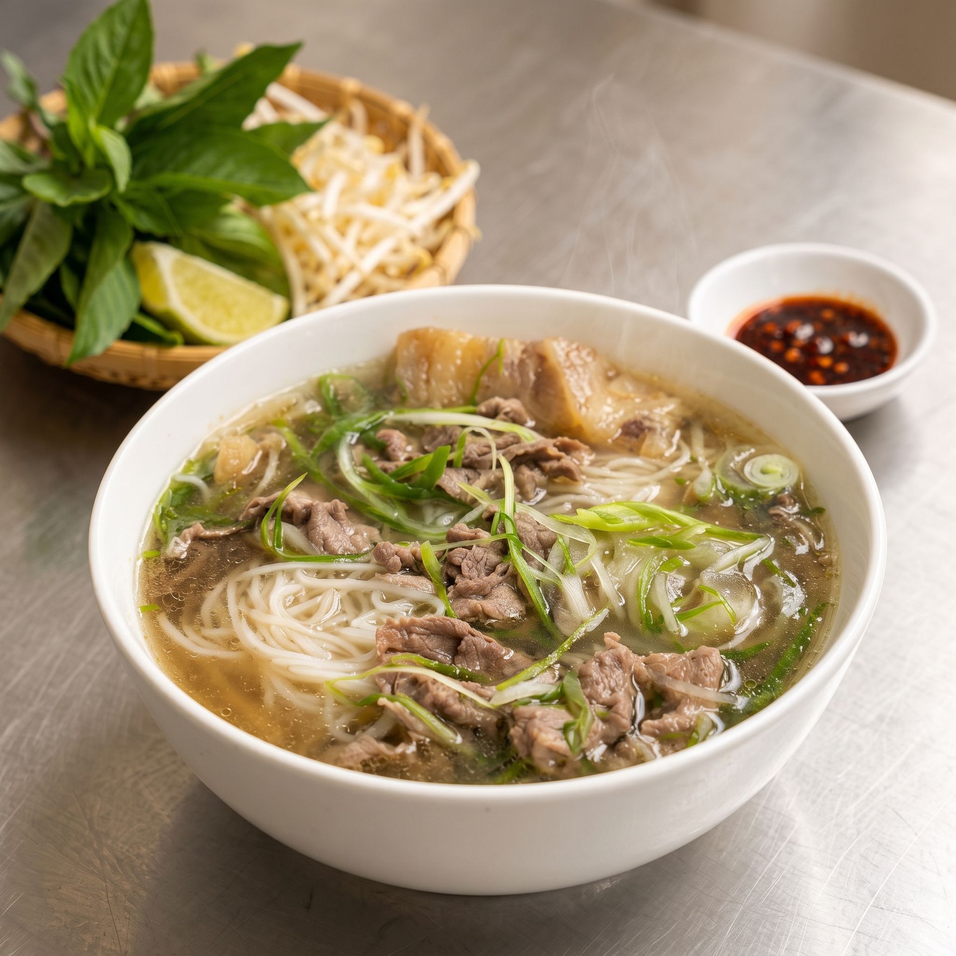 Bowl of beef noodle soup with herbs and lime, served on a metal table with chili sauce and fresh greens