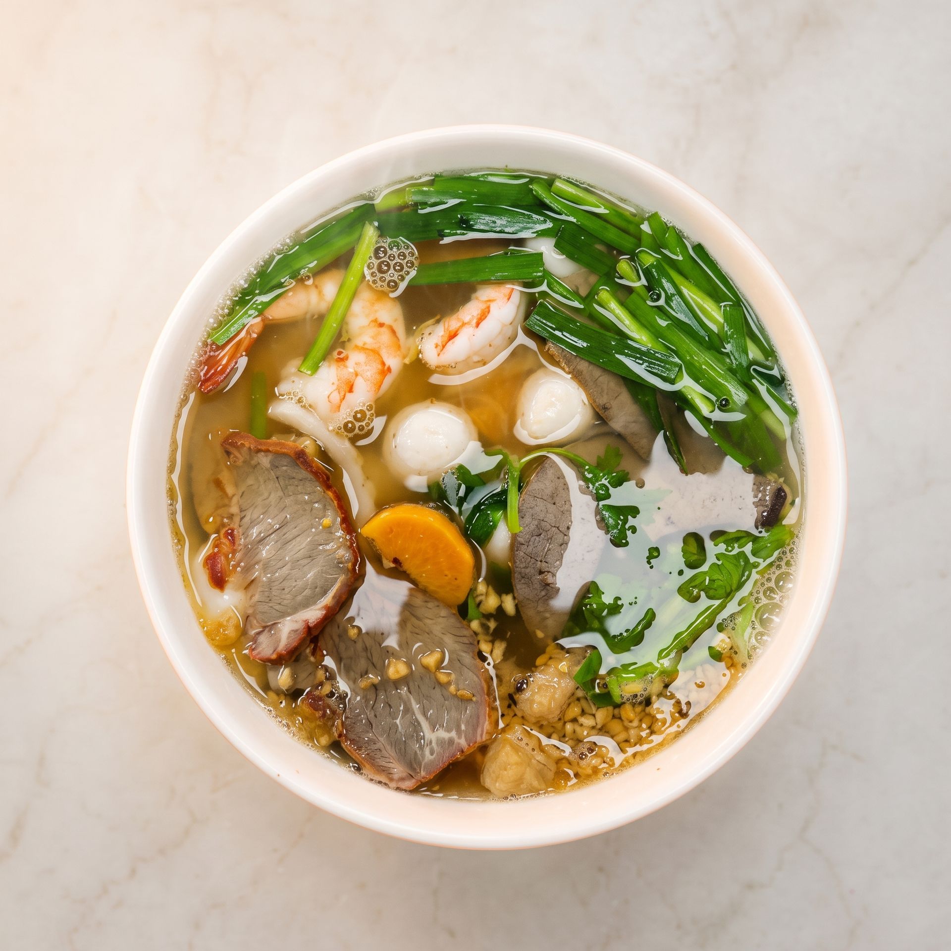 Bowl of noodle soup with sliced meat, shrimp, greens, and mushrooms in clear broth