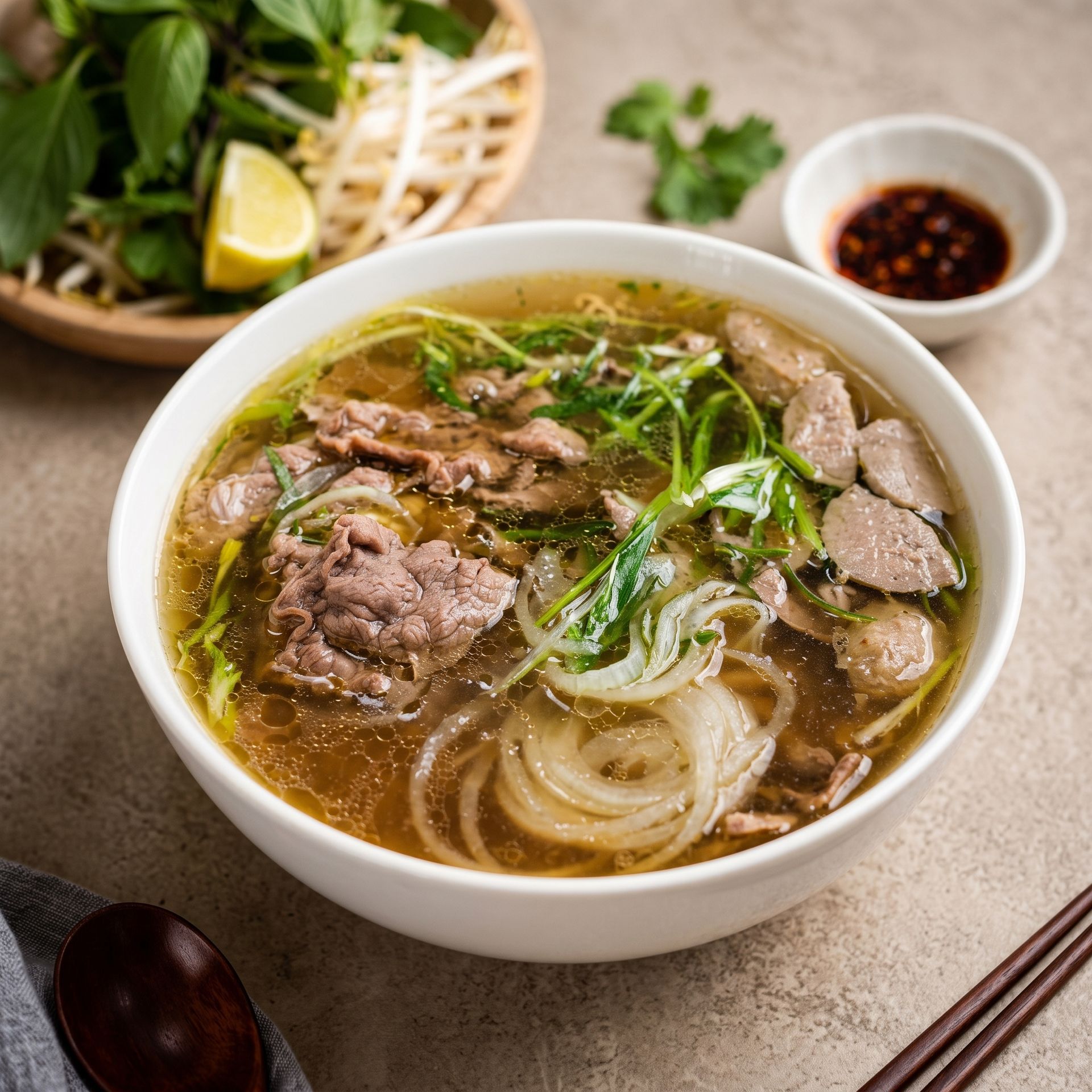 A bowl of beef noodle soup with herbs, lime, and dipping sauce on a table with chopsticks.