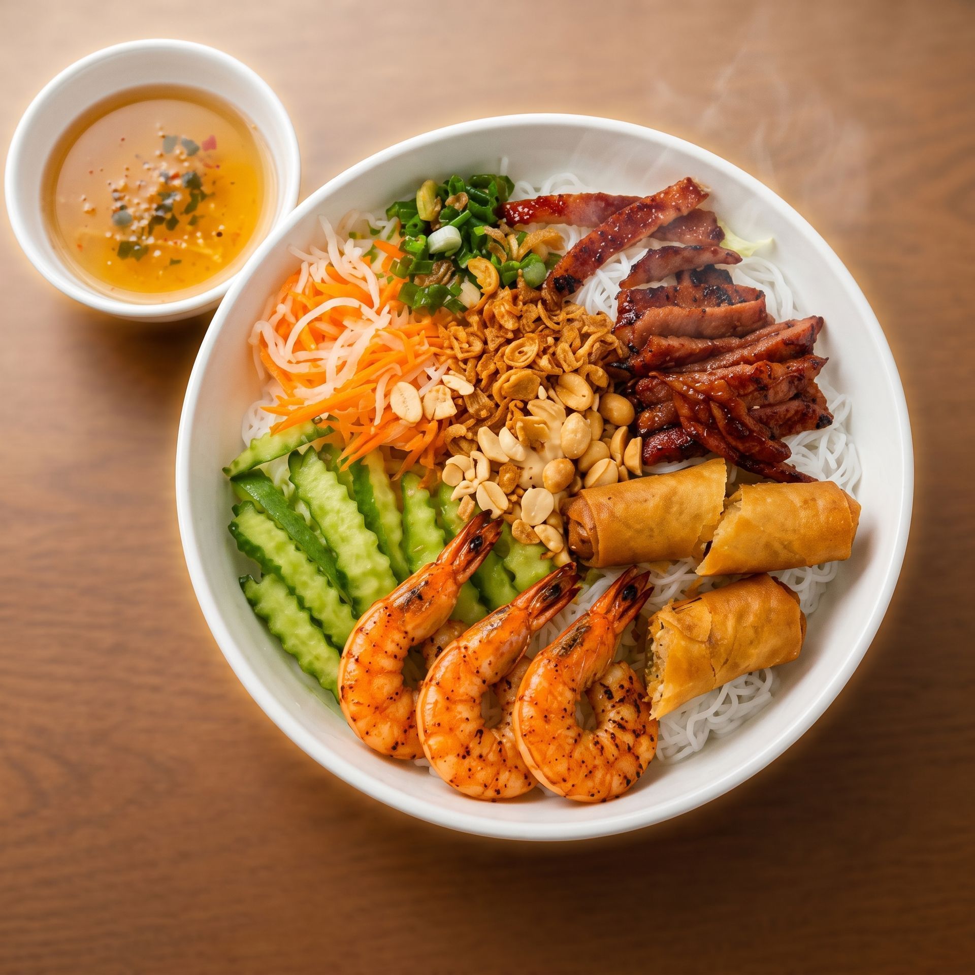 Grilled shrimp, steak, vegetables, and spring rolls in a rice bowl with dipping sauce