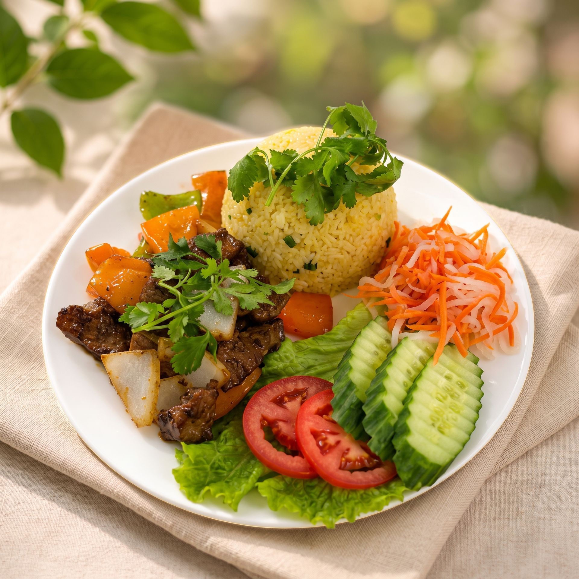 Plate of rice, grilled meat, shredded carrots, cucumber, tomato, lettuce, and herbs on a beige tablecloth