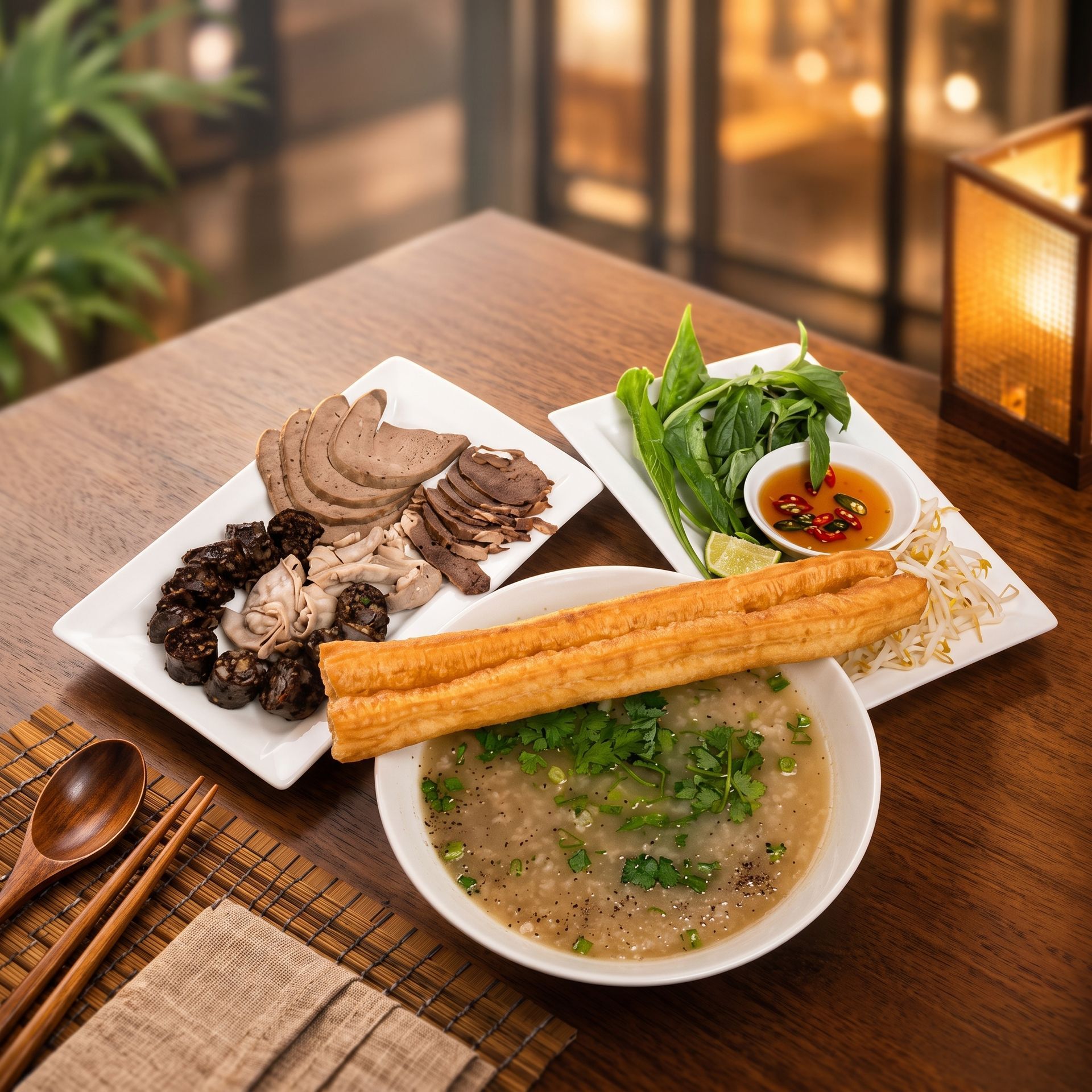 Meal set on a wooden table with soup, sliced meat, greens, and a long fried breadstick