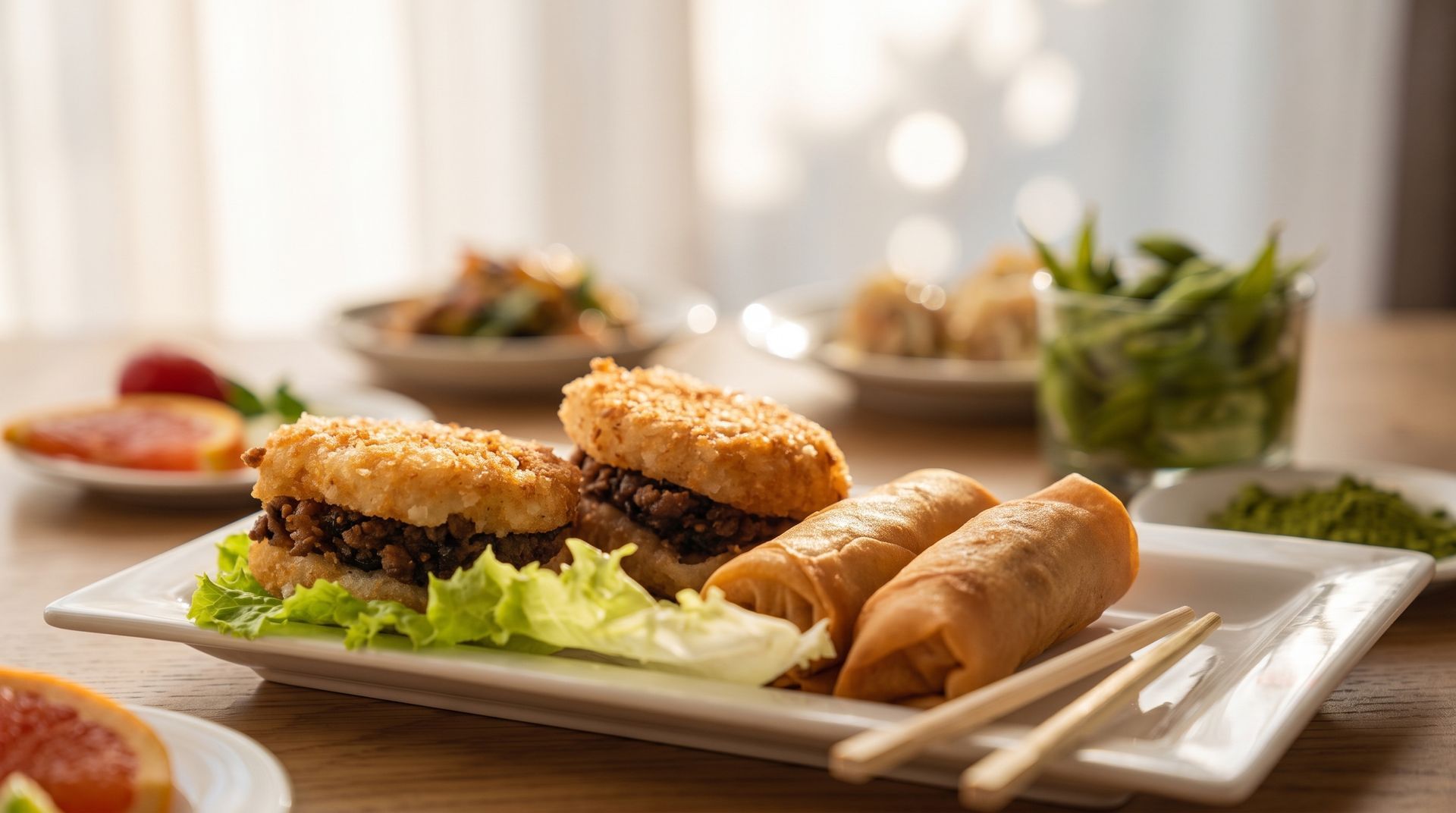 Sandwiches and rolls on a white plate, with salad in a bright dining setting