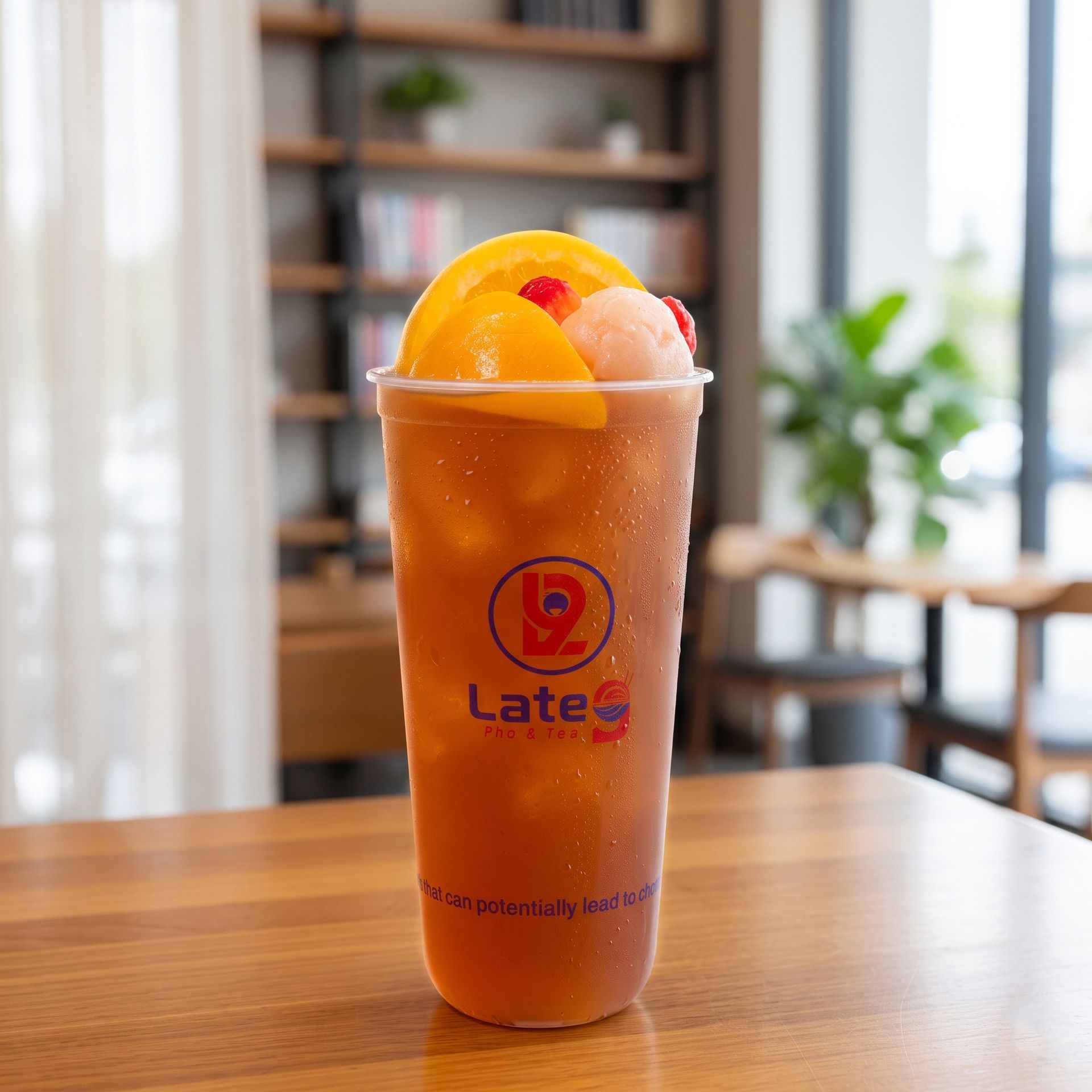 Orange frozen drink topped with peach slices and a cherry on a wooden table in a cafe