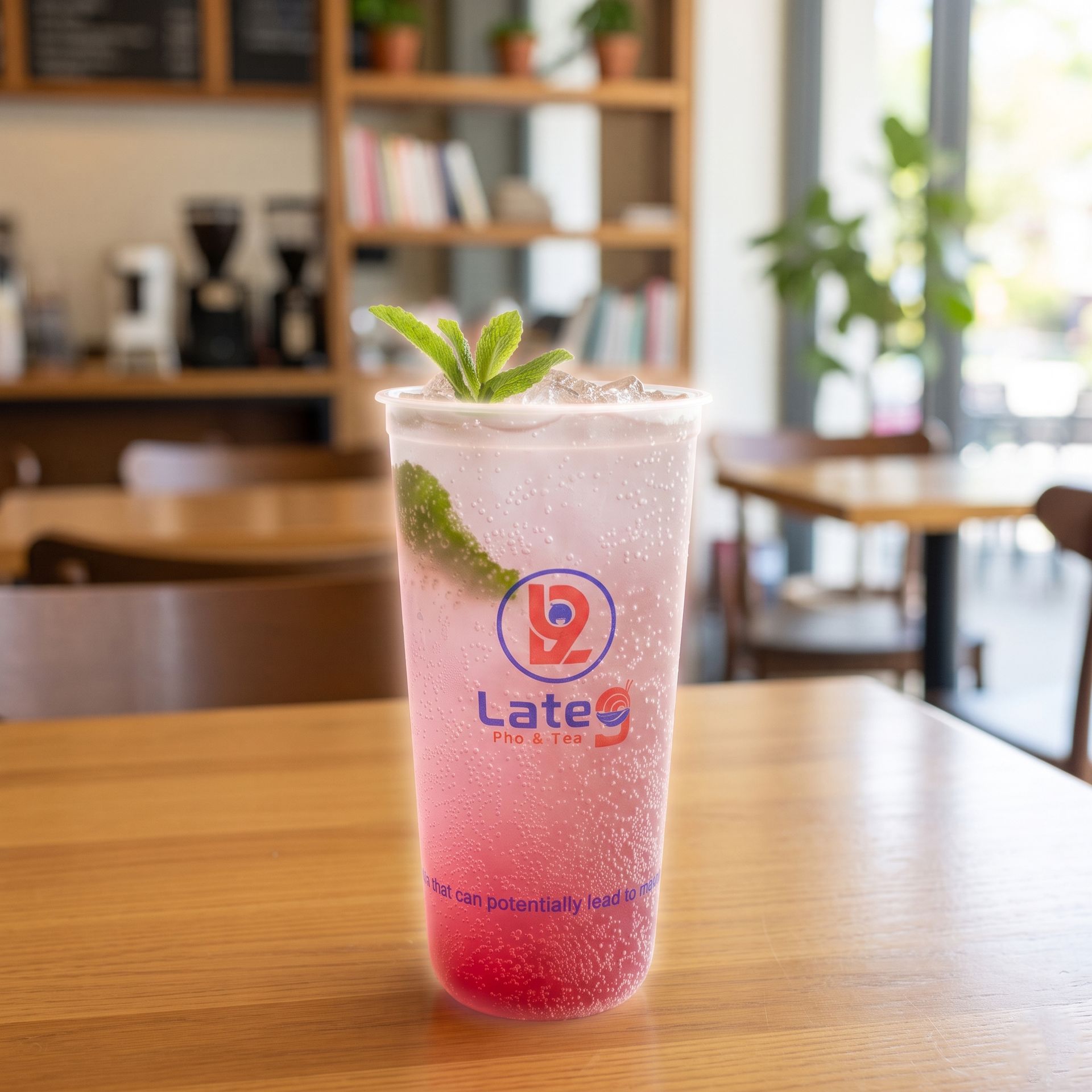 Pink sparkling drink with mint in a clear cup on a wooden table in a café