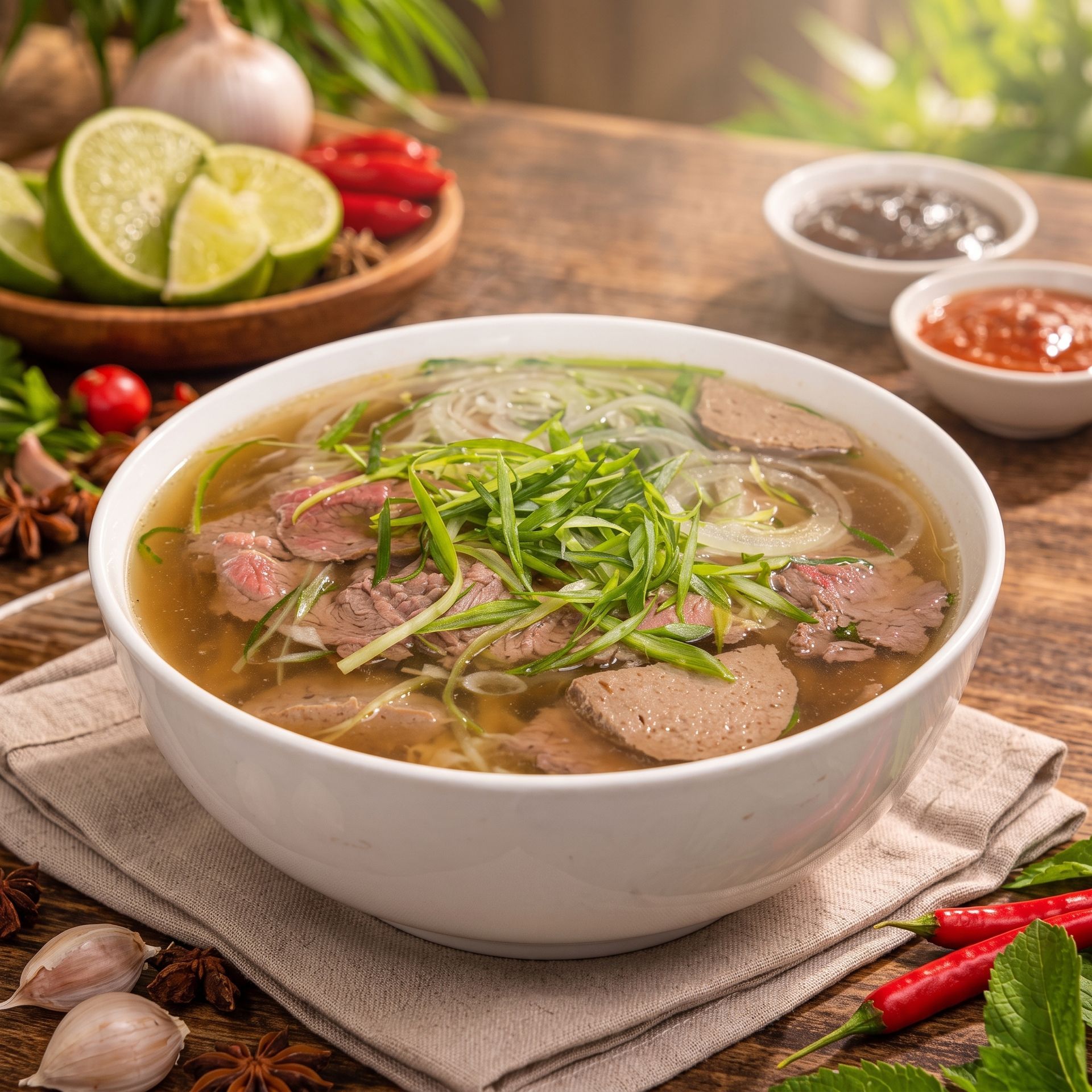 Bowl of pho with beef and herbs, garnished with lime and chilies on a rustic table