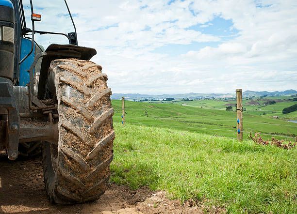 A blue tractor is parked in a grassy field.