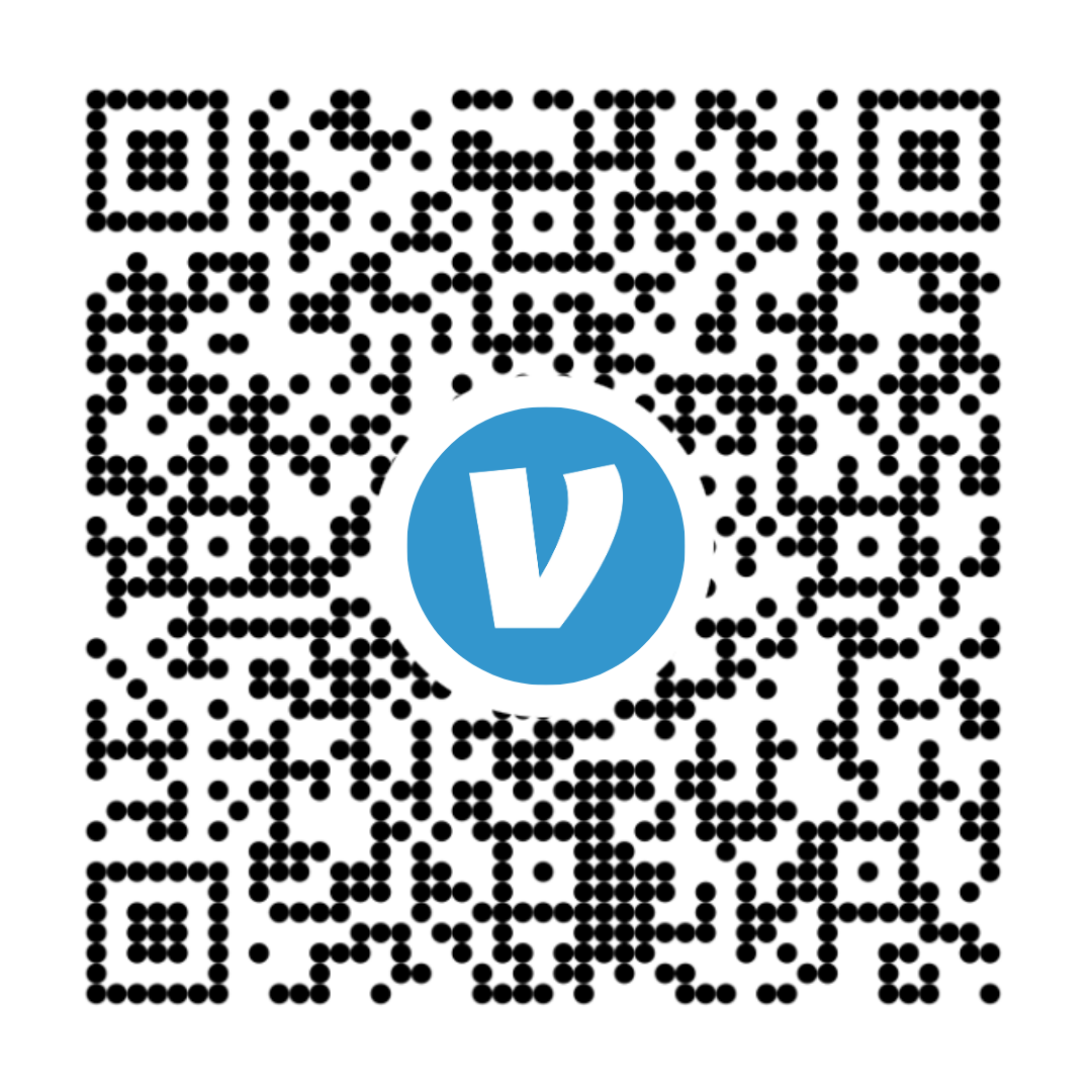 A qr code with the letter v in a blue circle.