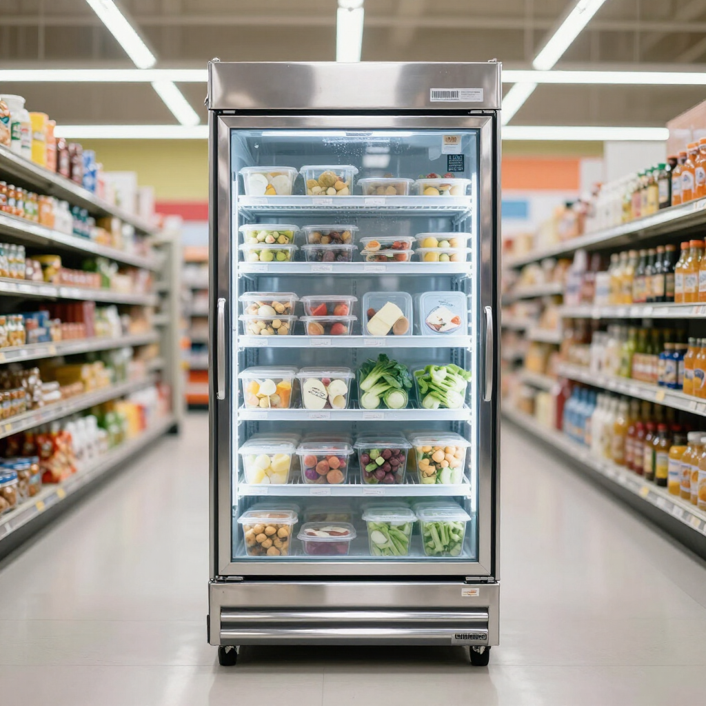 Vitrina refrigerada con comidas preparadas en un pasillo de un supermercado, flanqueada por estantes surtidos.