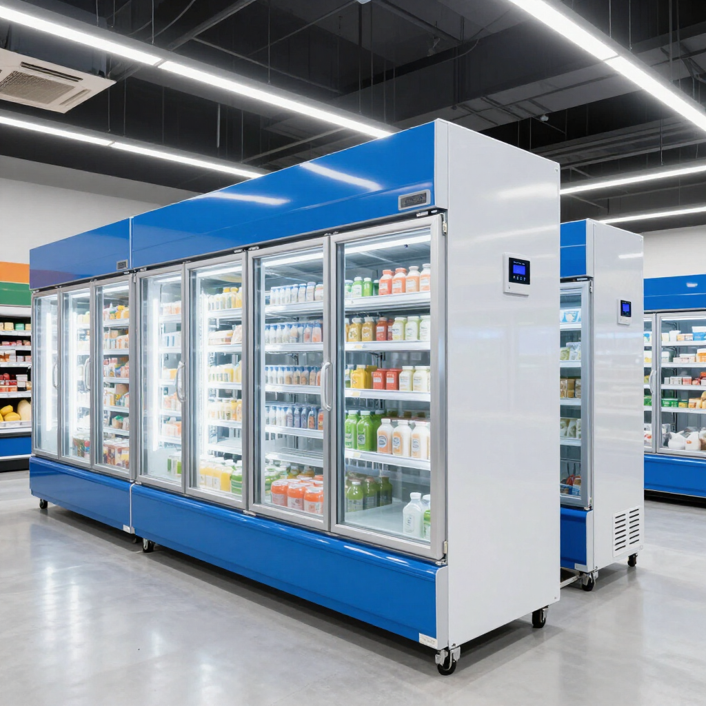 Vitrinas refrigeradas azules en un pasillo de supermercado, repletas de bebidas y productos lácteos.