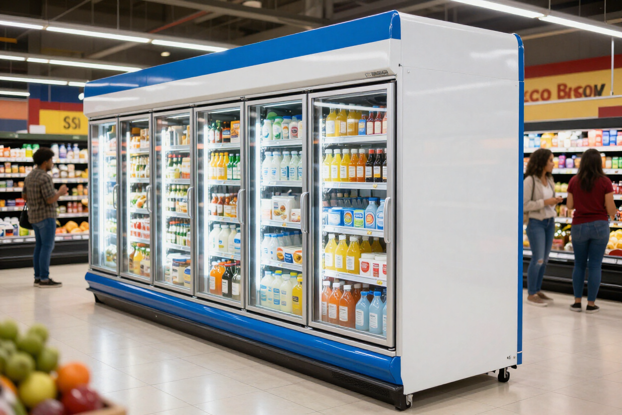 Vitrina refrigerada con puerta de cristal en un pasillo de supermercado, repleta de bebidas y productos de alimentación.