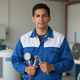 Mecánico con uniforme azul sosteniendo un manómetro y herramientas en un taller.