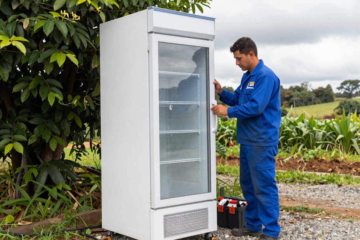 Técnico con mono azul inspeccionando un refrigerador o nevera portátil blanca para exteriores junto a un campo.