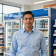 Un hombre de pie en el pasillo de un supermercado con estantes refrigerados detrás.