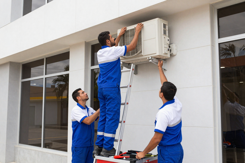Tres técnicos con uniformes azules instalan un aparato de aire acondicionado
