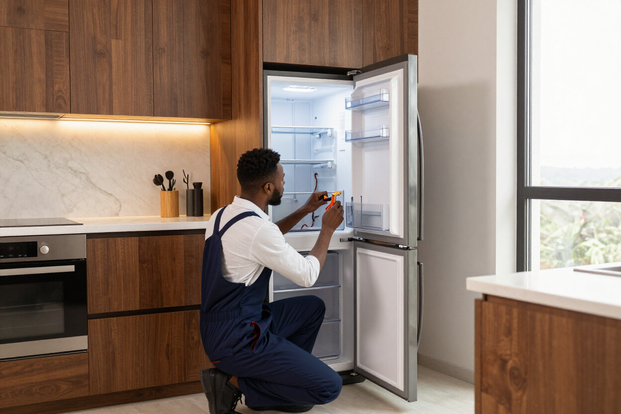 Una persona está arrodillada frente a un refrigerador abierto en una cocina