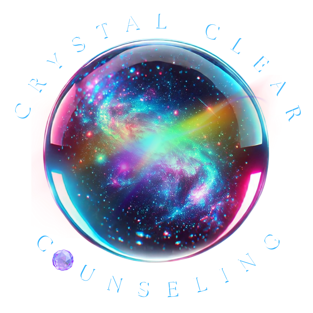 Crystal ball with a galaxy inside, surrounded by "Crystal Clear Counseling."