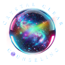 Crystal Clear Counseling logo. Image of a clear crystal ball revealing a colorful galaxy in the center.