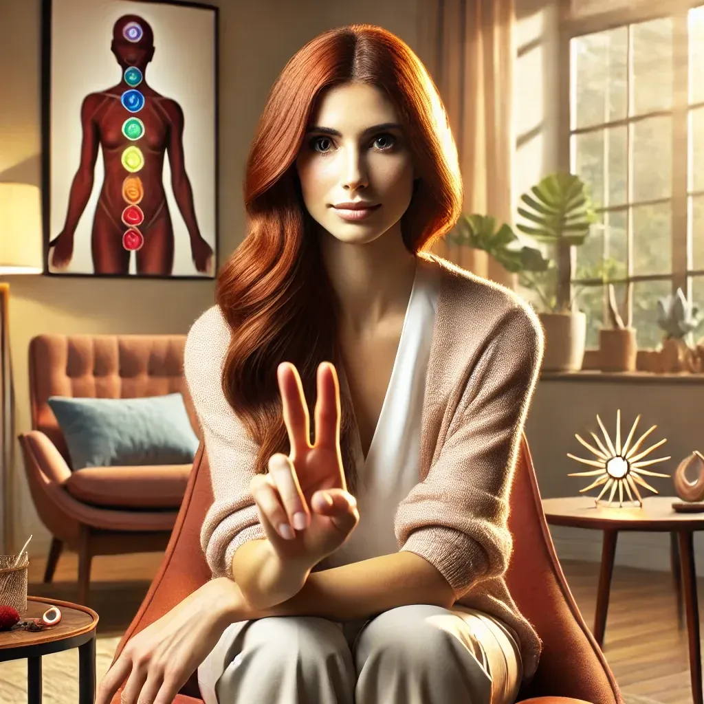 Woman with red hair, making peace sign, seated in bright room with chakra chart.