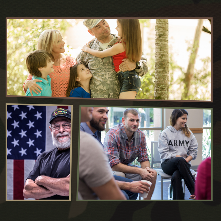 Soldier embraces family; veteran with US flag; support group meeting.