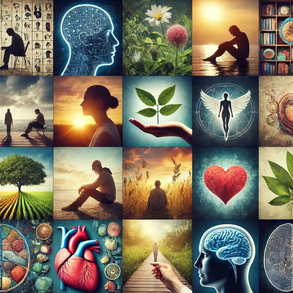 A grid of images related to well-being. Includes brain, heart, nature scenes, and people in thought.