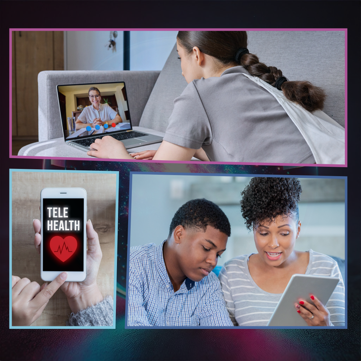 Telehealth: Woman on laptop with doctor, phone with app, and family using a tablet.