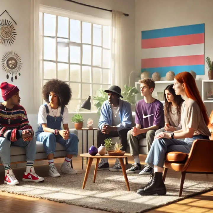 A group of diverse teens sit in a circle, conversing. A transgender flag hangs on the wall in a living room.