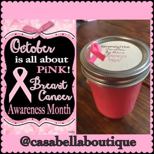Pink Breast Cancer Awareness Month graphic beside a pink mason jar candle with a silver lid