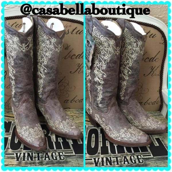 Vintage brown embroidered cowboy boots displayed side by side, with “@casabellaboutique” and “VINTAGE” text.