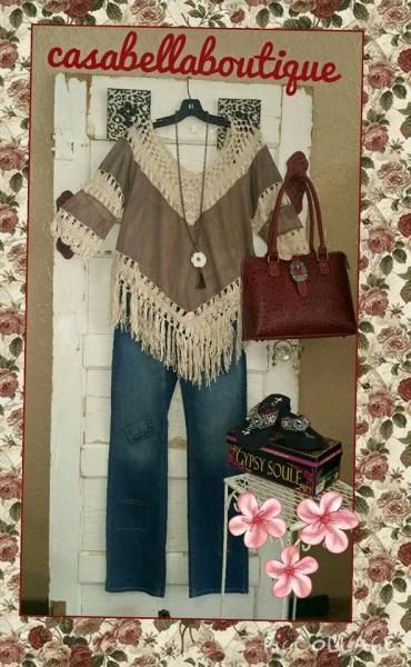 Boutique ad for boho outfit: fringed poncho, jeans, burgundy handbag, shoes, and pink flowers on a decorative wall