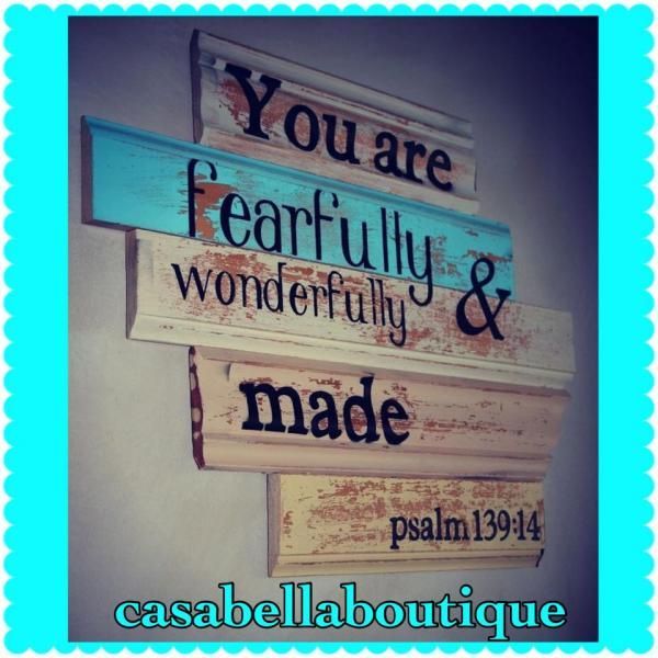 Rustic wall art sign reading “You are fearfully & wonderfully made” with Psalm 139:14.