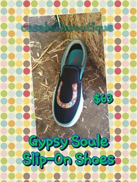Gypsy Soule slip-on shoes in teal and black on a polka-dot background, priced at $63.